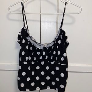 Hershe Large Black White Poka Dot Spaghetti String Crop Top